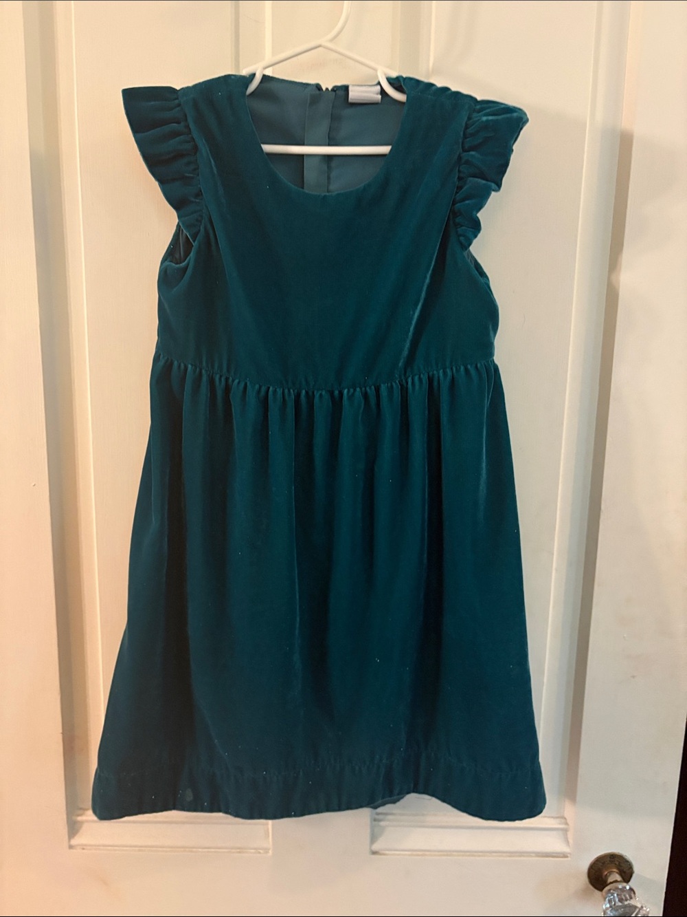 Polarn O. Pyret Teal Velvet Dress with Ruffle Shoulders